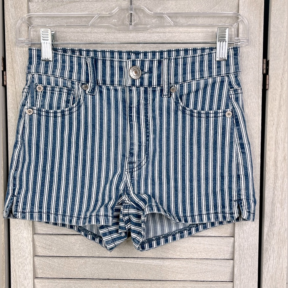 AMERICAN EAGLE OUTFITTERS Hi-Rise Shortie Jean Shorts Blue & White Stripes-0